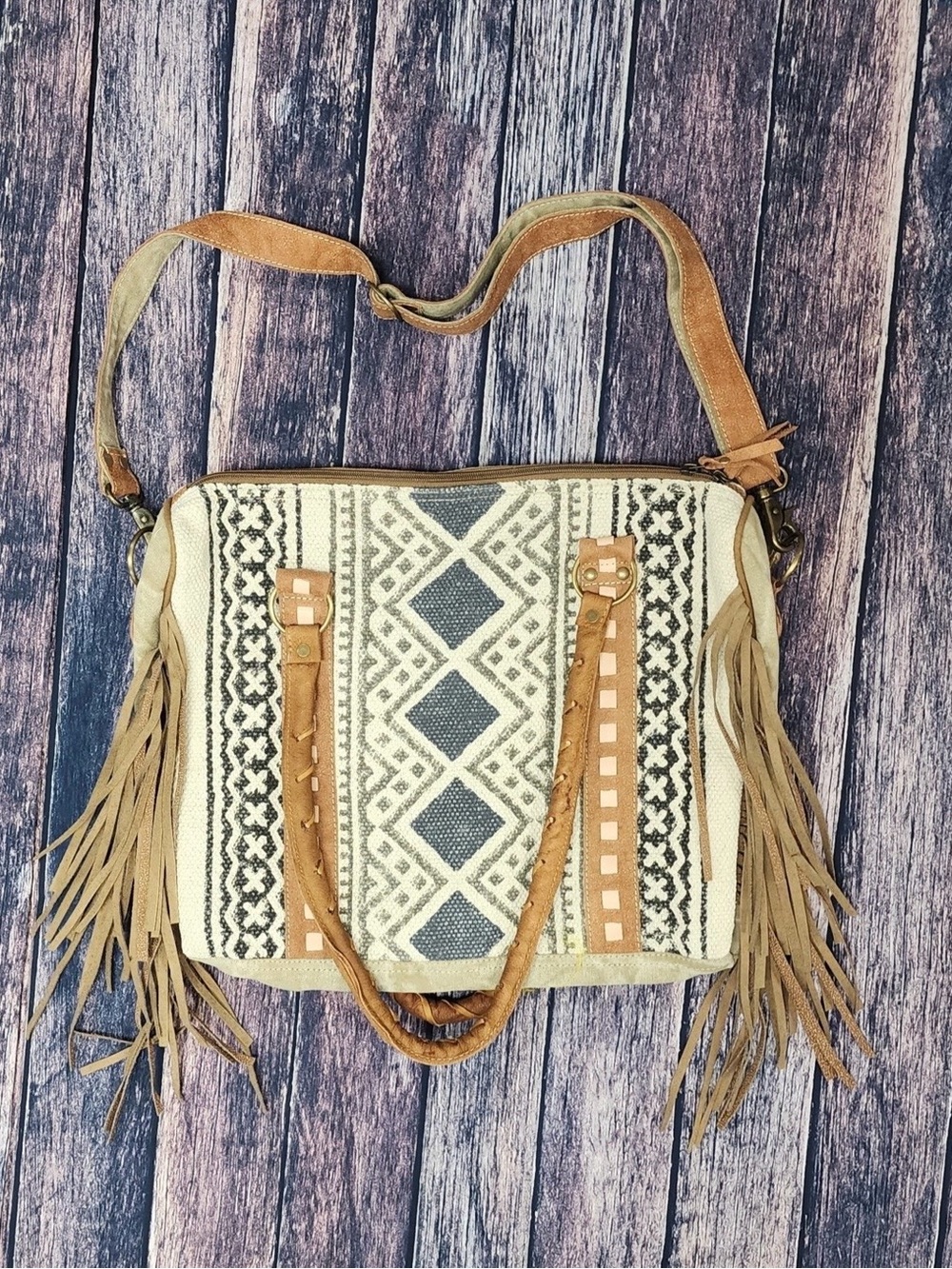 Fringed Boho Crossbody Bag in Cream and Tan